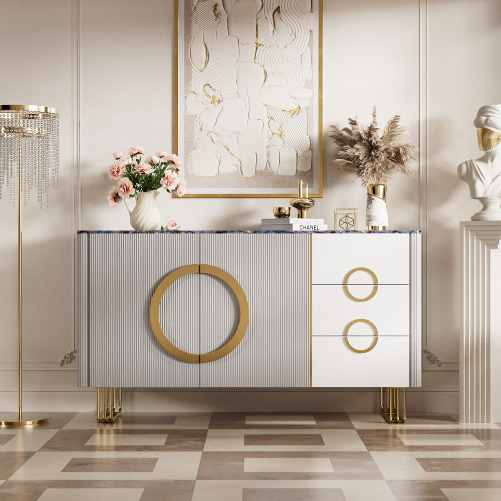 62.4" Sleek Modern White and Gold Buffet Cabinet with Circular Accents