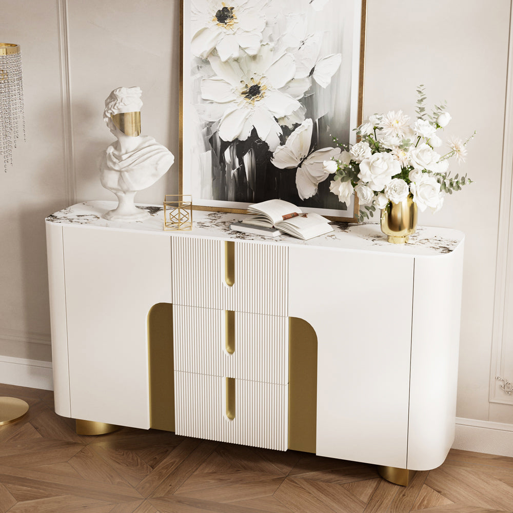 Sideboard Cabinet Modern Minimalist Ribbed Drawers Golden Base Marble Top Storage Unit