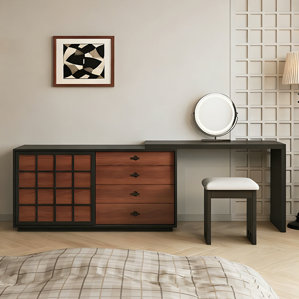 Modern Japandi Vanity Desk with Storage Cabinet Walnut Finish Makeup Table with Drawers Black Frame with Stool