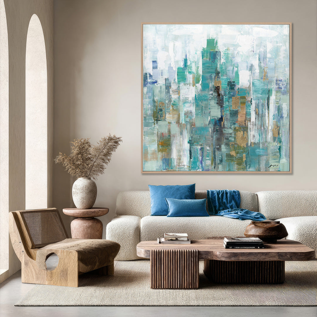 Handmade Abstract Canvas Wall Art – Aqua and White Brushstroke Painting with Gold Highlights
