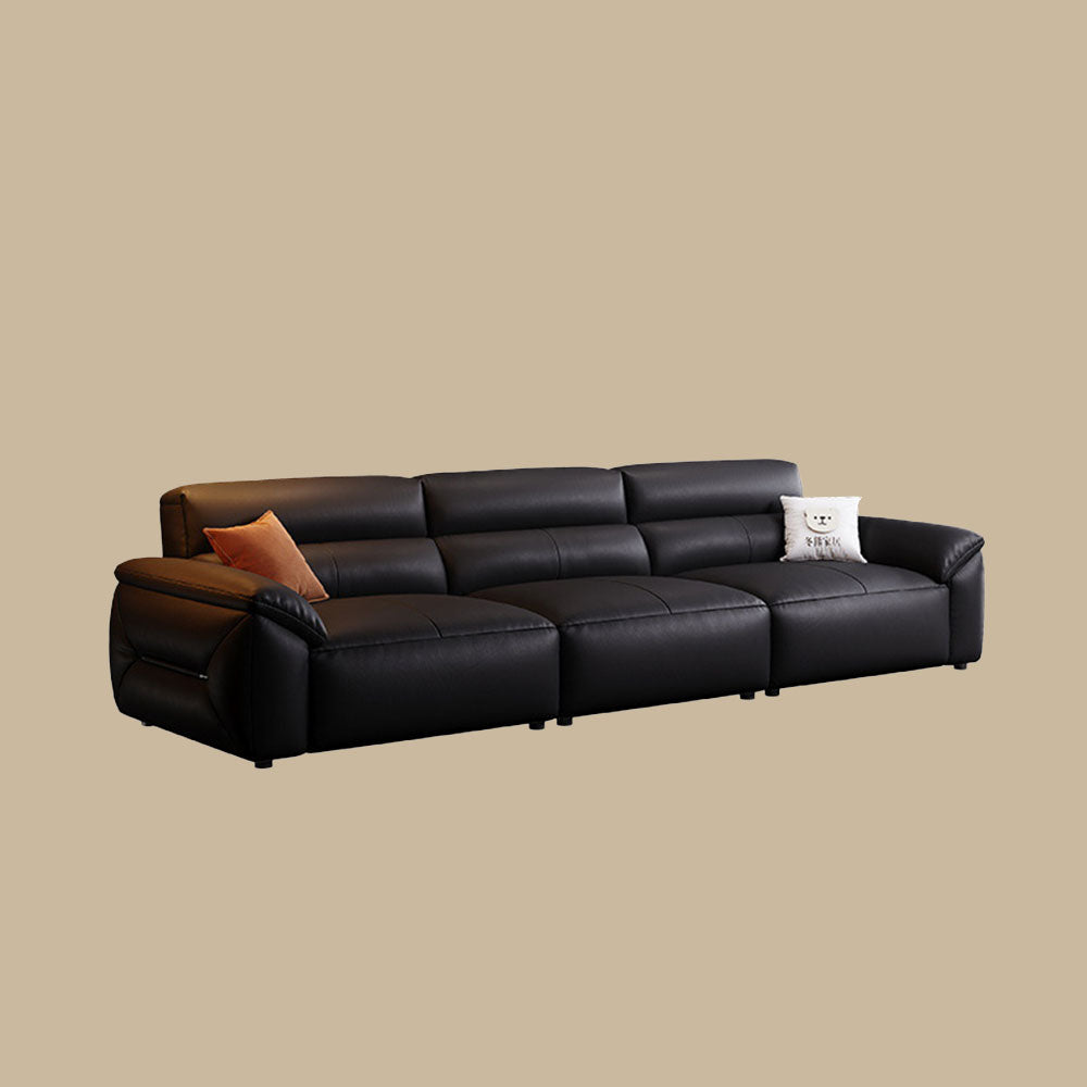 Modern Black Leather Sofa Oversized Low-Profile Design with Wide Armrests