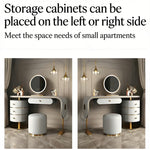 Load image into Gallery viewer, 47.2'' Modern Luxury Vanity Desk with Round Mirror Cream Finish Makeup Table with Storage Drawers and Gold Base with Stool
