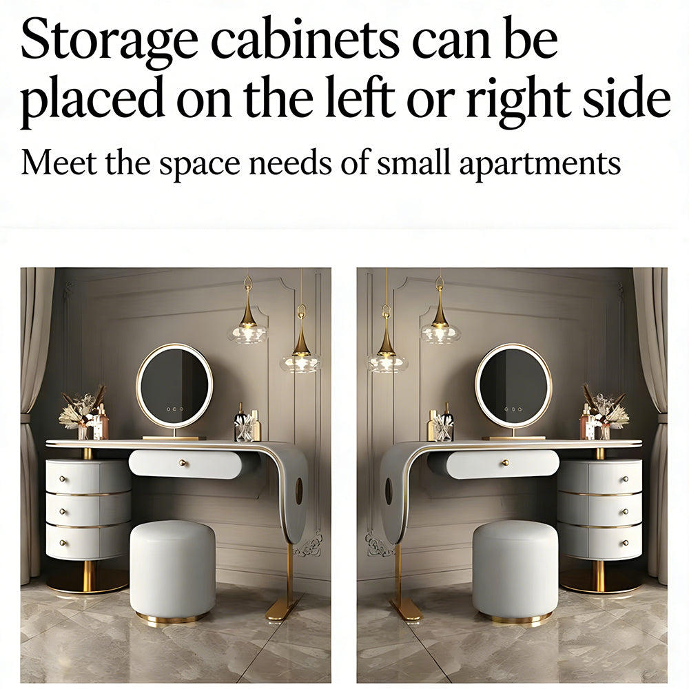 47.2'' Modern Luxury Vanity Desk with Round Mirror Cream Finish Makeup Table with Storage Drawers and Gold Base with Stool