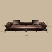 Modern Low-Profile Leather Sofa Deep Brown Upholstery with Wide Armrests & Metal Legs