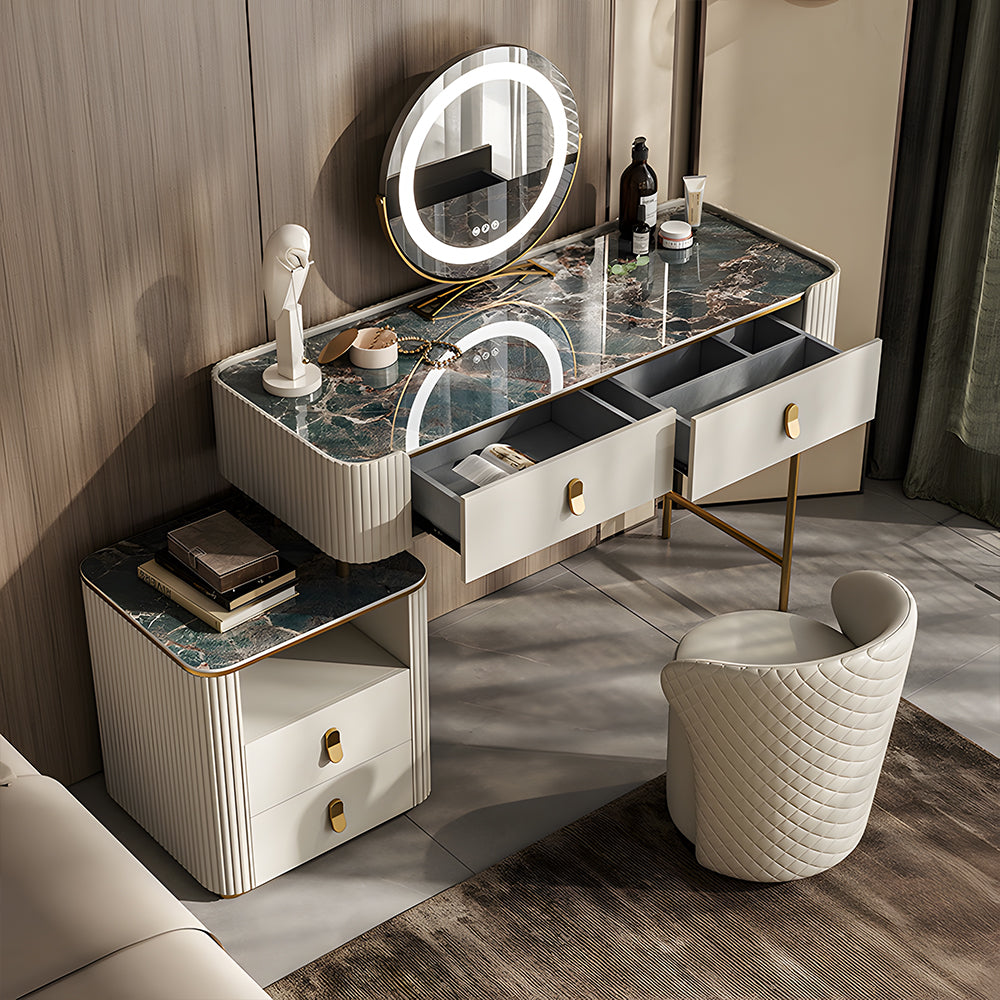 Modern Luxury Makeup Vanity Desk Marble Texture Top Dressing Table with Storage Drawers and Gold Metal Legs