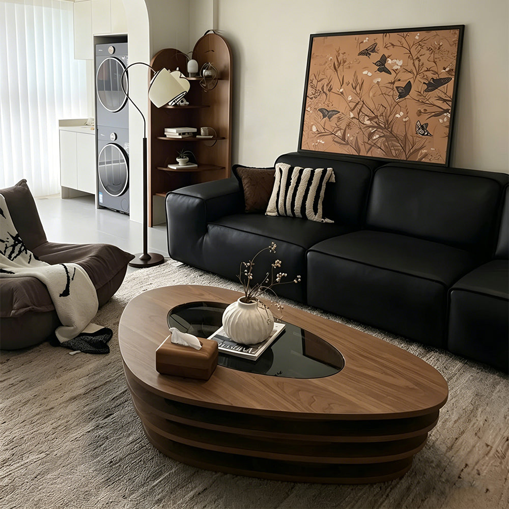 Modern Oval Wood Coffee Table with Glass Inlay Sculptural Layered Base