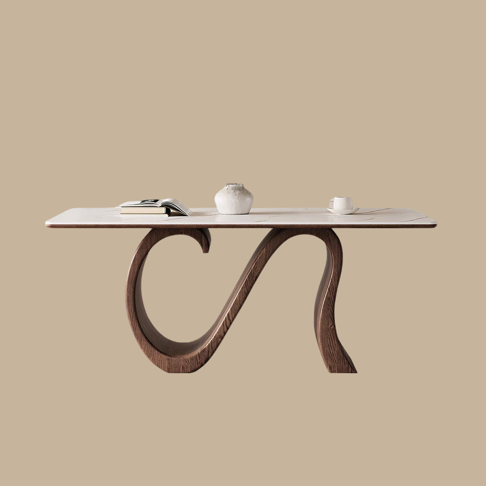 Creative S-shaped Walnut Base Round Dining Table with Marble Effect Surface