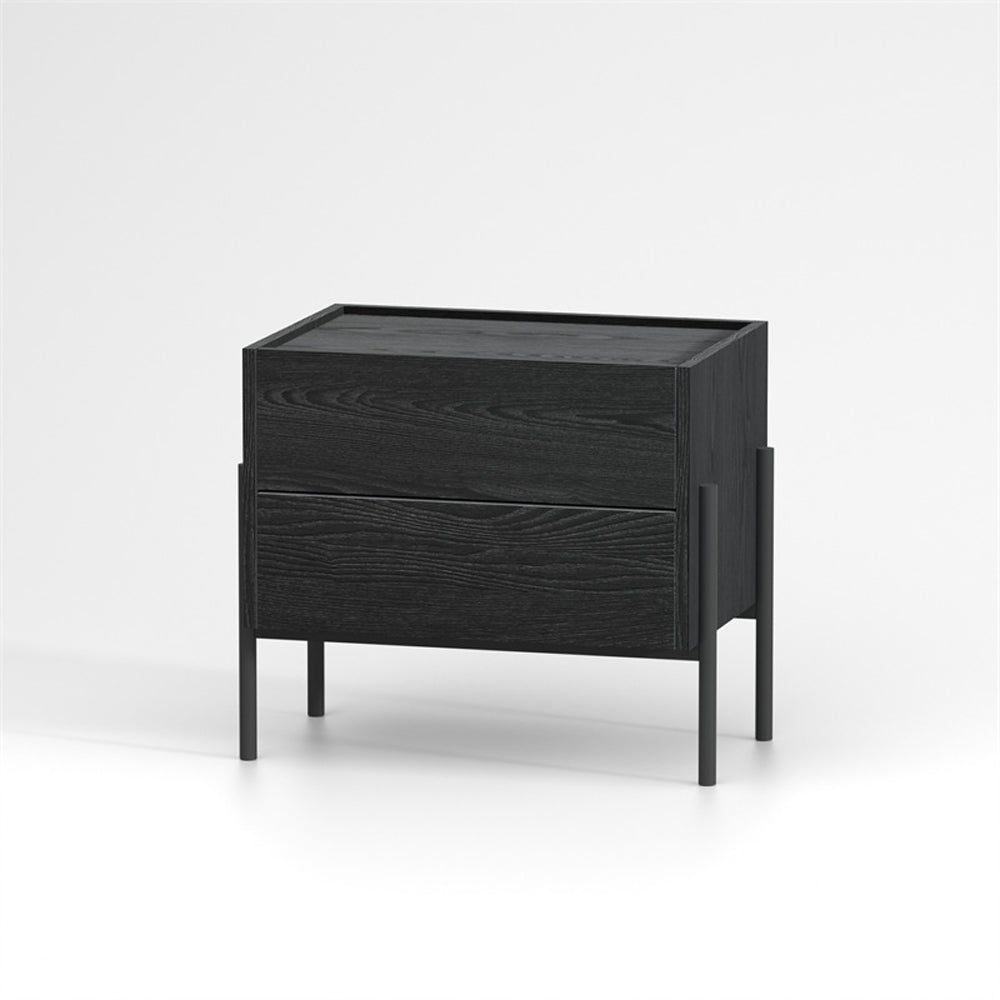 Modern Nightstand with Black Metal Legs Natural Wood Finish & Spacious Drawer