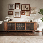 Load image into Gallery viewer, 78&quot; Retro TV Stand Curved Edge Design Arched Glass Doors Long Storage Cabinet Vintage Style Unit
