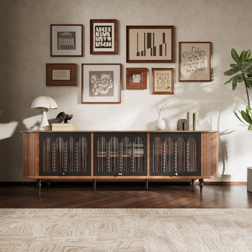 78" Retro TV Stand Curved Edge Design Arched Glass Doors Long Storage Cabinet Vintage Style Unit