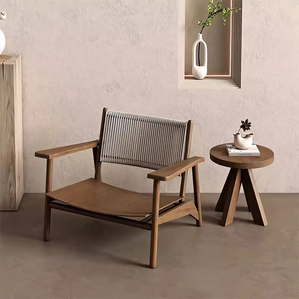 Indoor & Outdoor Solid Wood Lounge Chair with Handwoven Rope Backrest and Plush Cushions 1 Piece