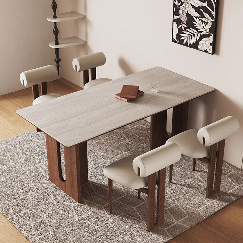Modern Dining Table Set Solid Wood Legs Walnut Veneer Scratch Resistant Sintered Stone Top