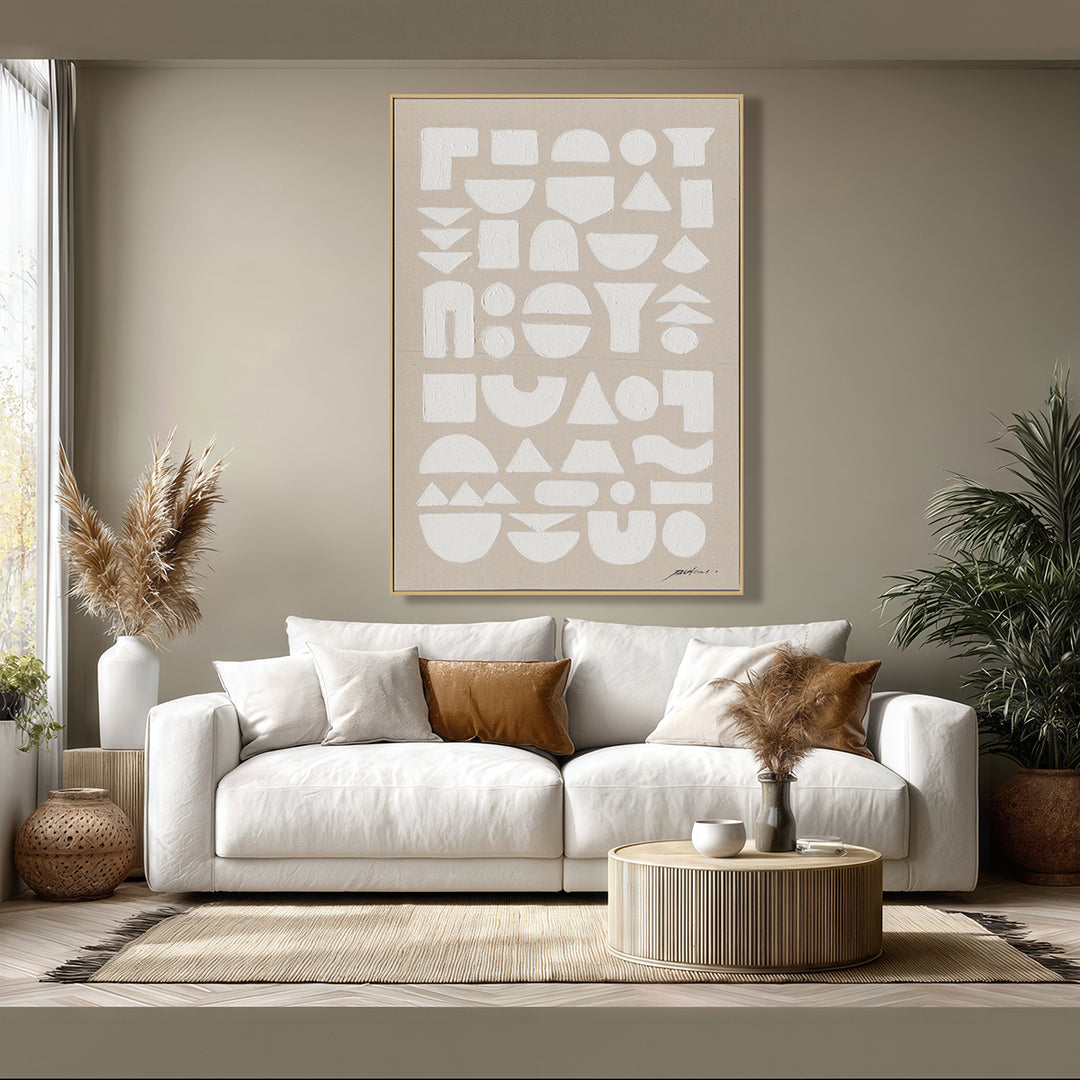Original wabi-sabi wall art, merging geometric forms with texture, adding calm and depth to interiors