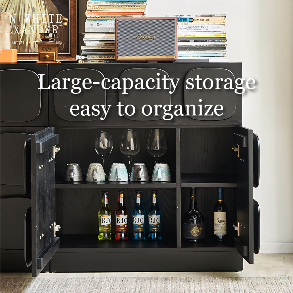 Modern Black Sculptural Sideboard Cabinet Geometric Panel Storage Buffet Cabinet for Dining Room Living Room