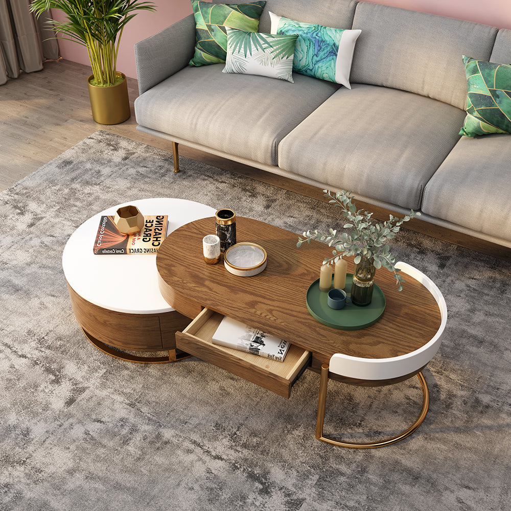 41'' Modern Round Nesting Coffee Table Wood Texture Metal Base Light Luxury Living Style