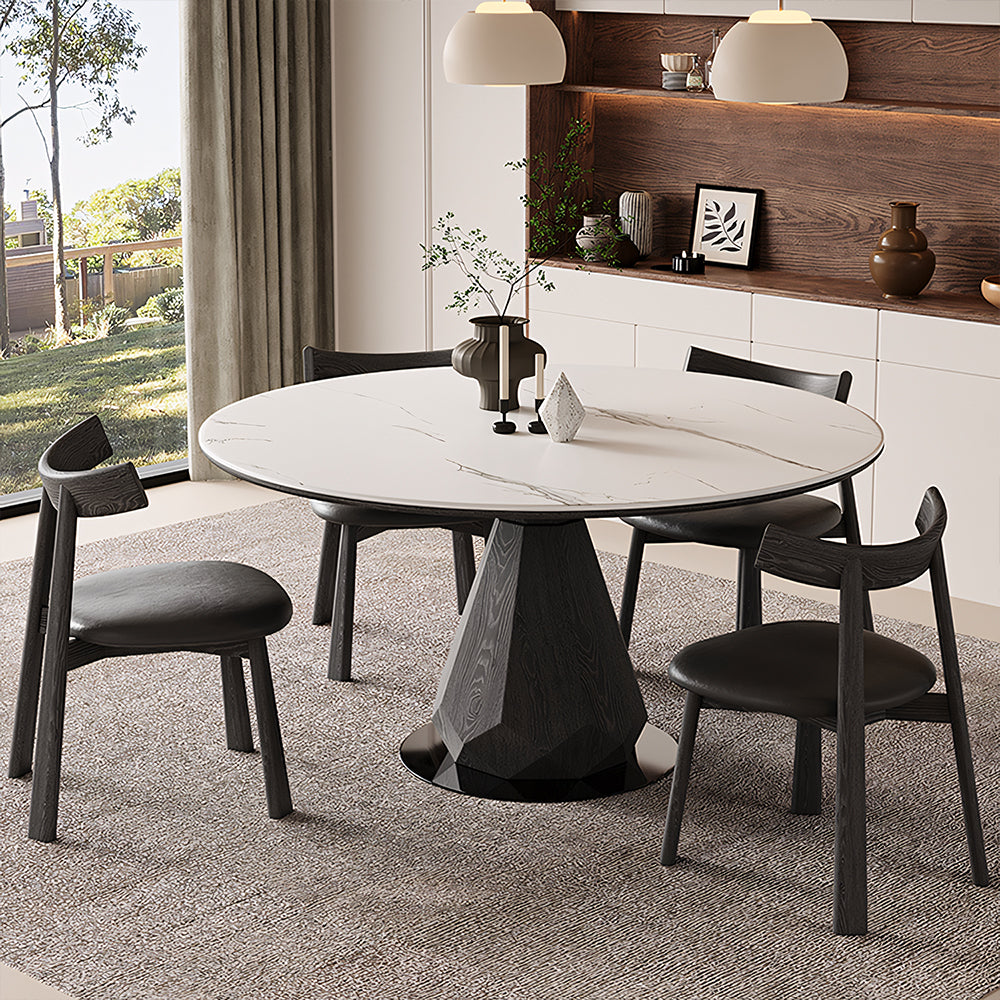 53.1" Creative Round Dining Table Black Wooden Base with Marble Effect Top