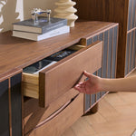 Load image into Gallery viewer, 70.87&quot; Mid-Century Fluted TV Console Natural Red Oak Vintage Style Ample Storage
