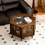 Load image into Gallery viewer, 33.15&#39;&#39;Vintage Hexagonal Coffee Table with Glass Top | Enclosed Storage + Carved Columns + Display Surface
