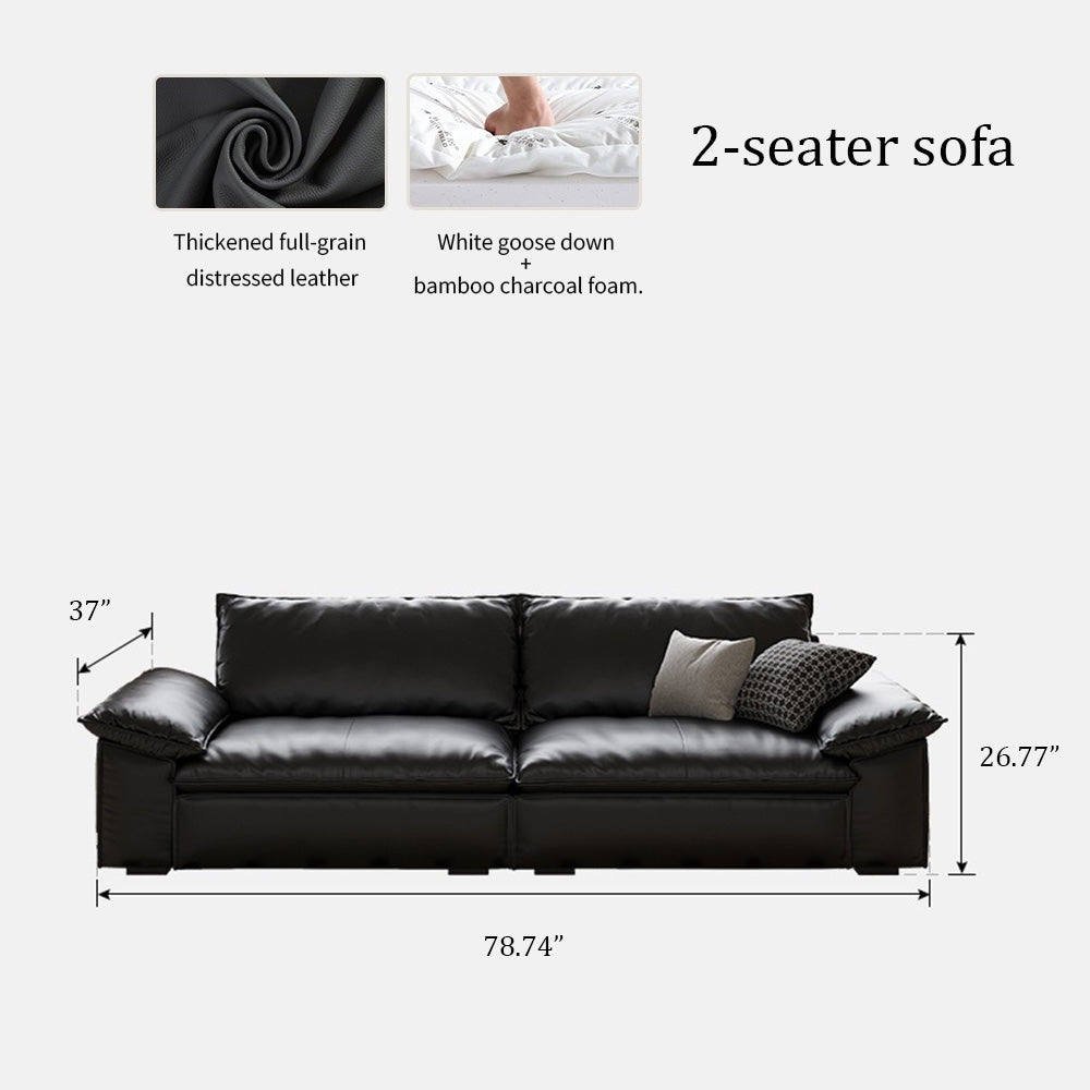Modern Low Profile Black Leather Straight Sofa Minimalist Wide Arm 4 Seater Couch