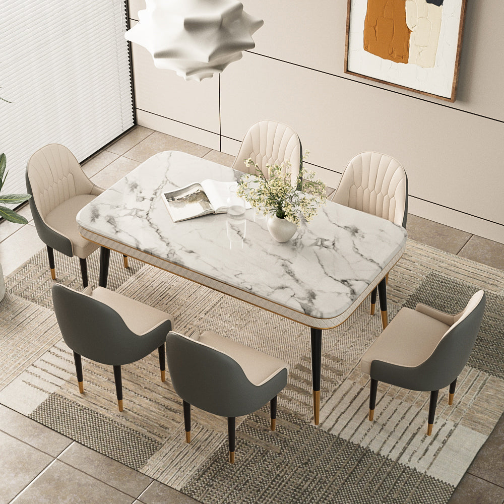 55.11" Dining Table Modern Marble Texture Top Gold-Tipped Legs Elegant Dining Room Furniture