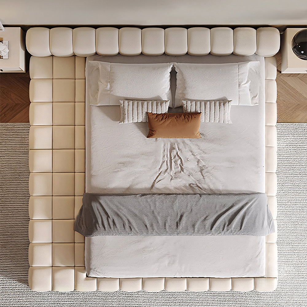Modern Minimalist Modular Bed with Soft Cushioned Edges Ultra-Fiber Leather Steel-Wood Slatted Frame