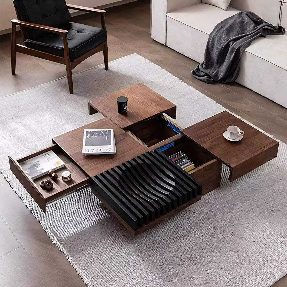 39'' Modern Modular Solid Wood Coffee Table with Hidden Storage & Sculptural Slat Base