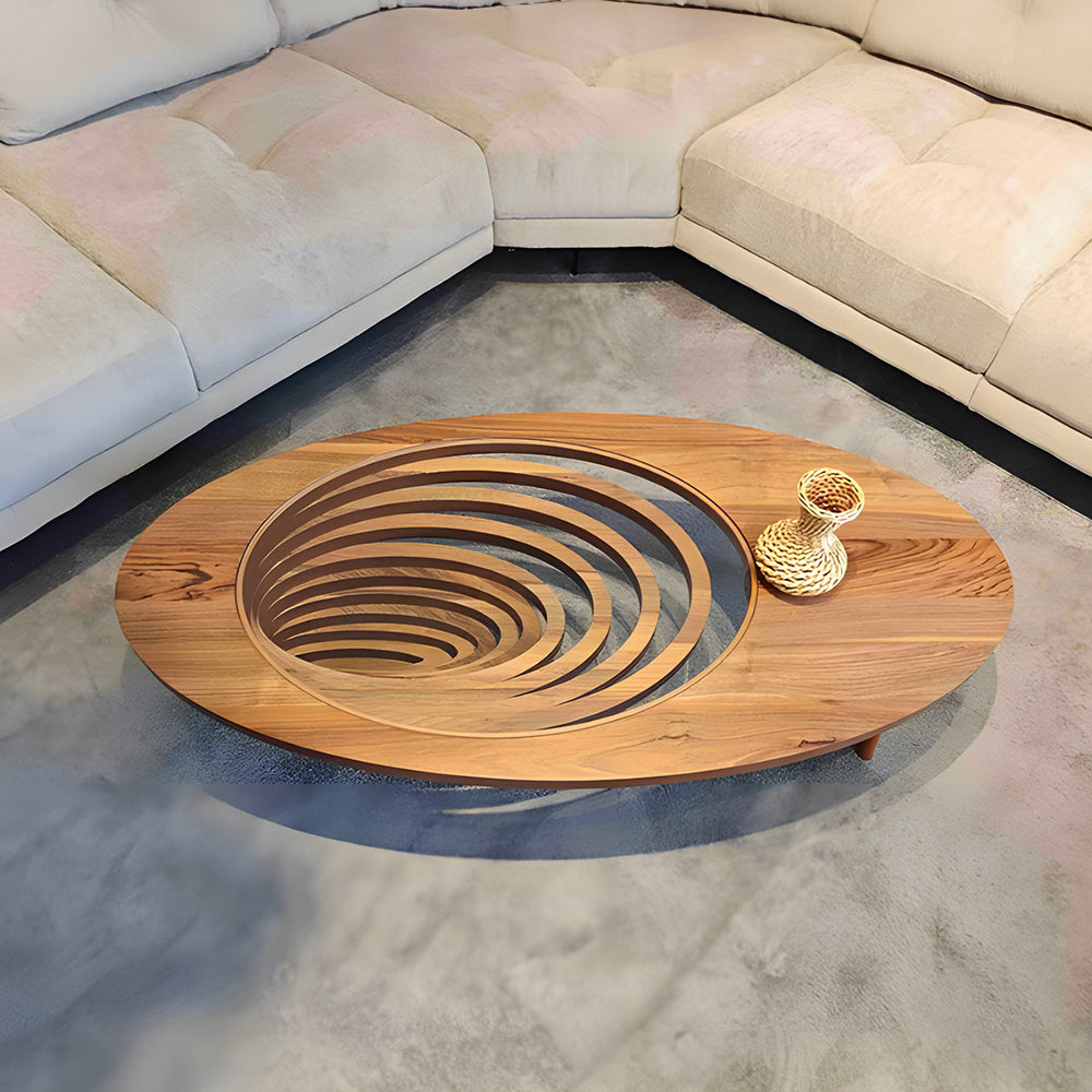 Modern Artistic Coffee Table with 3D Vortex Design and Tempered Glass Top