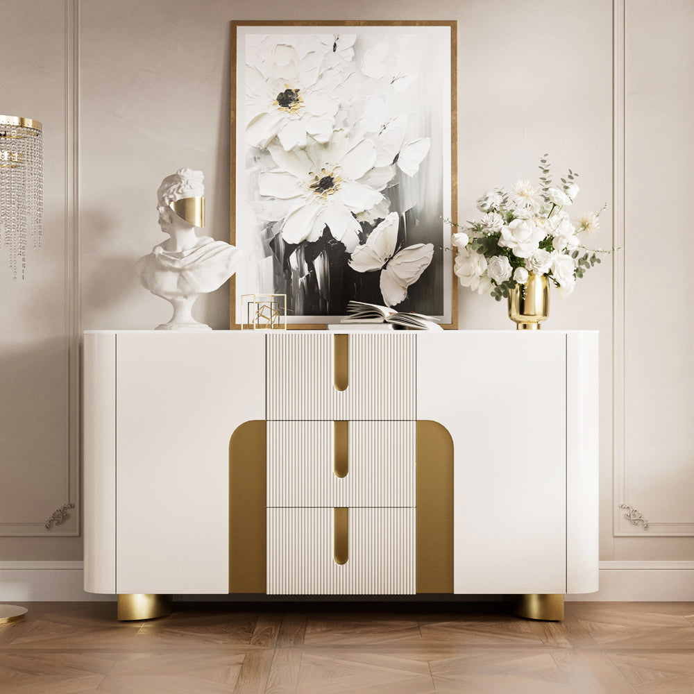 Sideboard Cabinet Modern Minimalist Ribbed Drawers Golden Base Marble Top Storage Unit