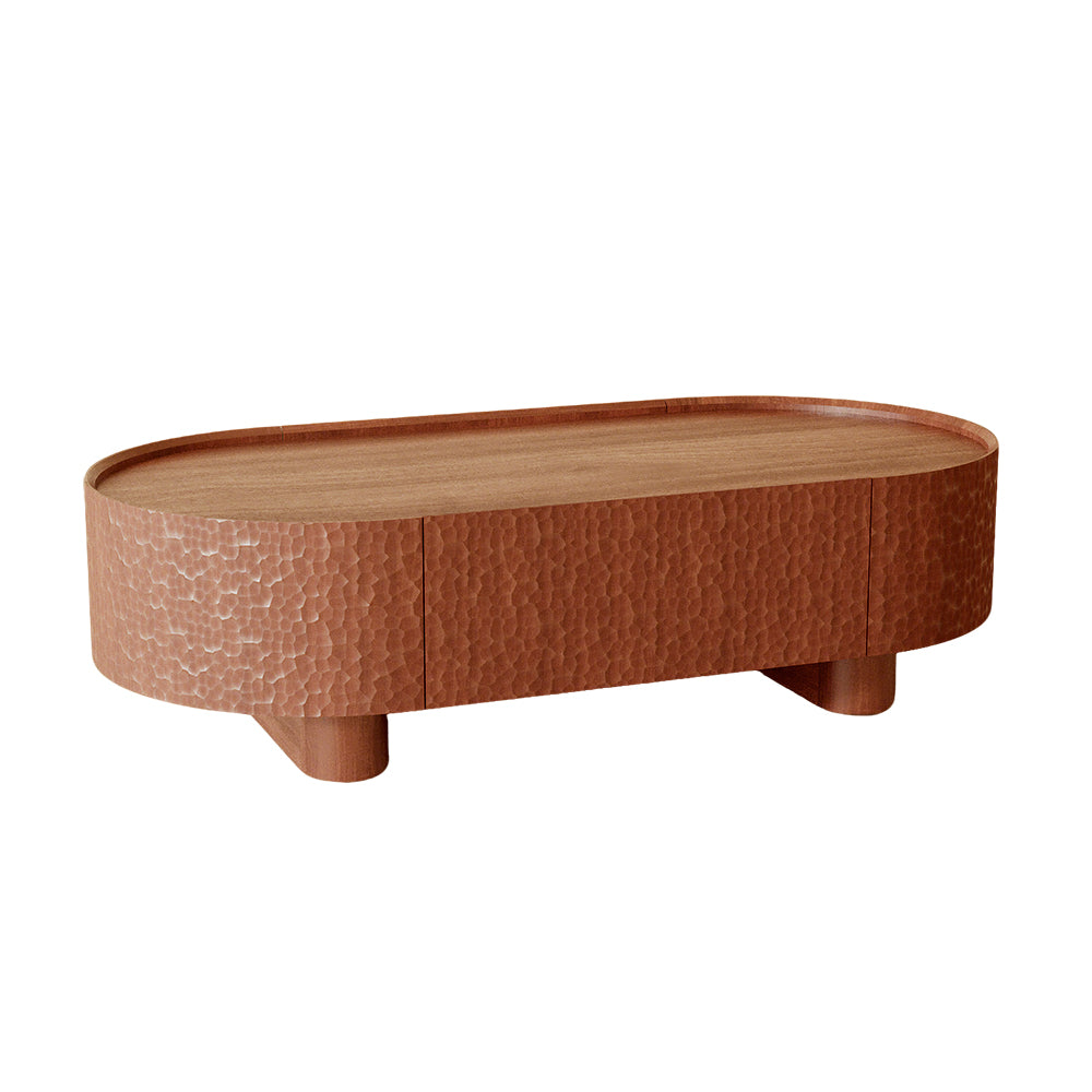 54.6''Walnut Oval Coffee Table Hammered Texture Design Modern Minimalist