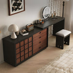 Load image into Gallery viewer, Modern Japandi Vanity Desk with Storage Cabinet Walnut Finish Makeup Table with Drawers Black Frame with Stool
