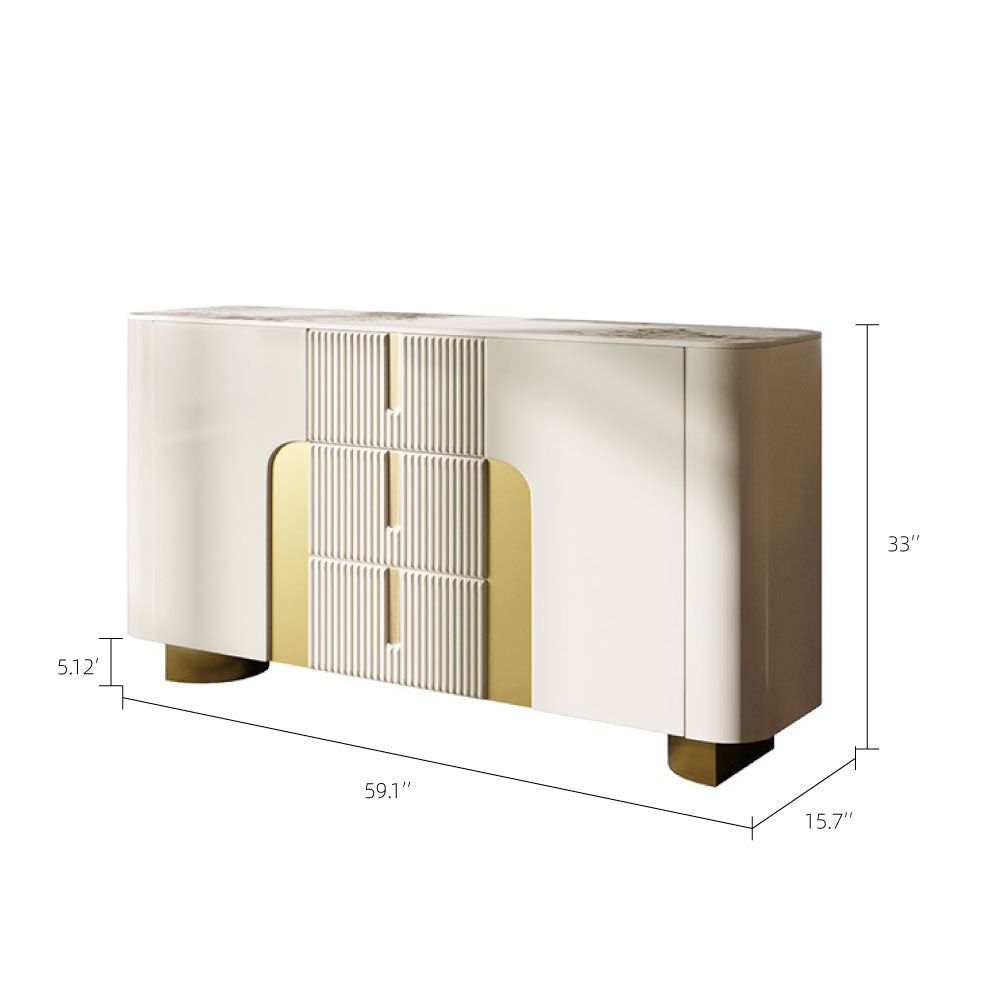 Sideboard Cabinet Modern Minimalist Ribbed Drawers Golden Base Marble Top Storage Unit