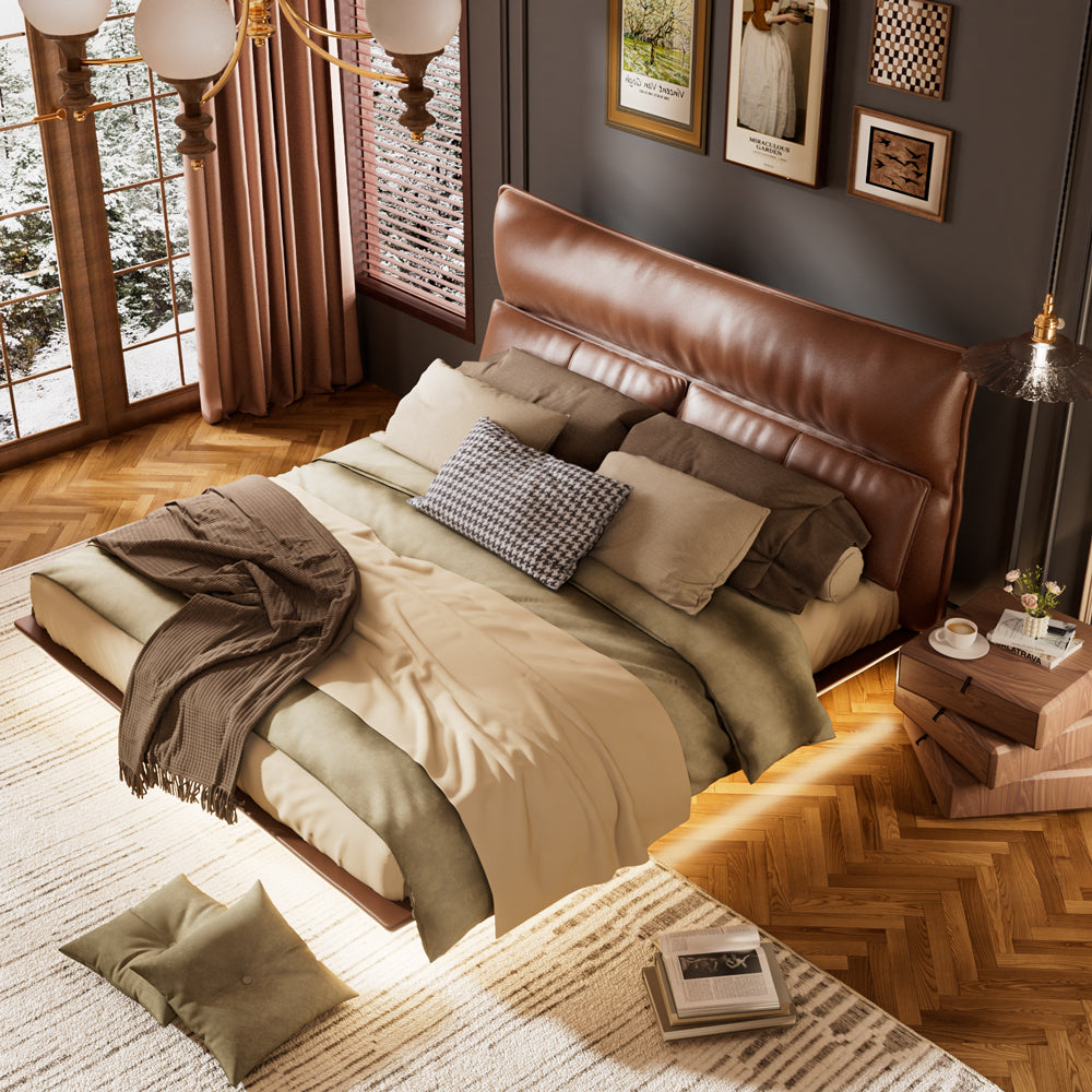 Luxury Floating Upholstered Platform Bed with LED Ambient Lighting & Cushioned Headboard