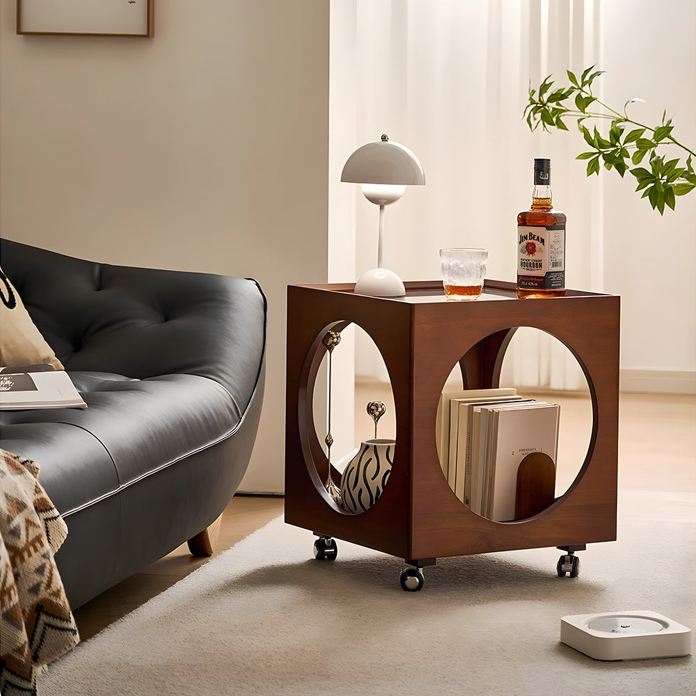 Modern Rattan Nightstand Rolling Side Table Solid Wood Mobile Bedside Cabinet with Storage