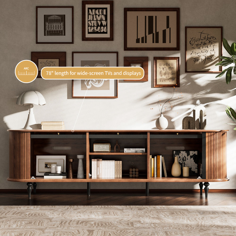 78" Retro TV Stand Curved Edge Design Arched Glass Doors Long Storage Cabinet Vintage Style Unit