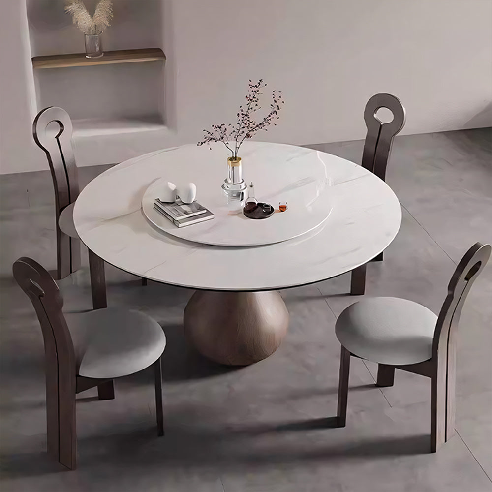 Round Dining Table Wooden Base and Ceramic Stone Top Modern Aesthetic