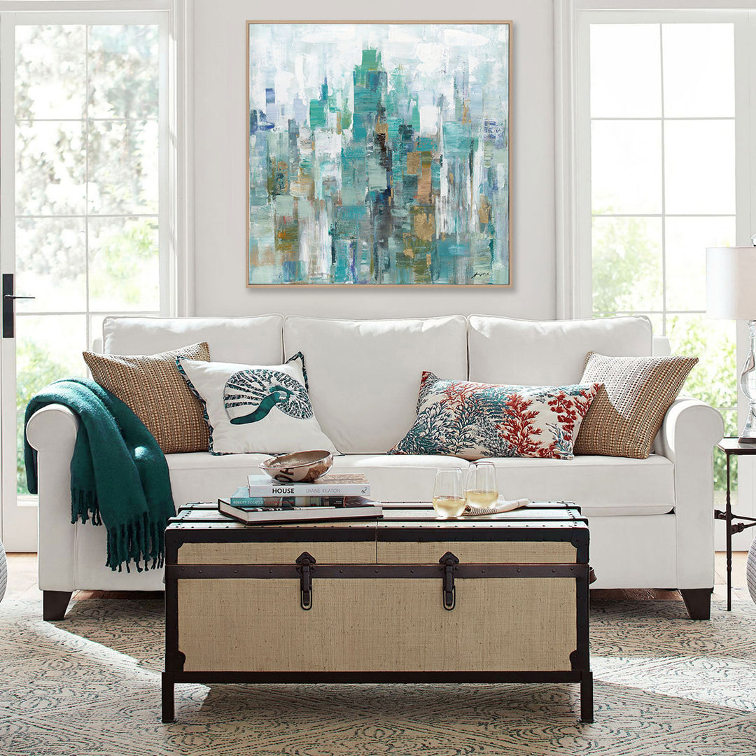 Handmade Abstract Canvas Wall Art – Aqua and White Brushstroke Painting with Gold Highlights