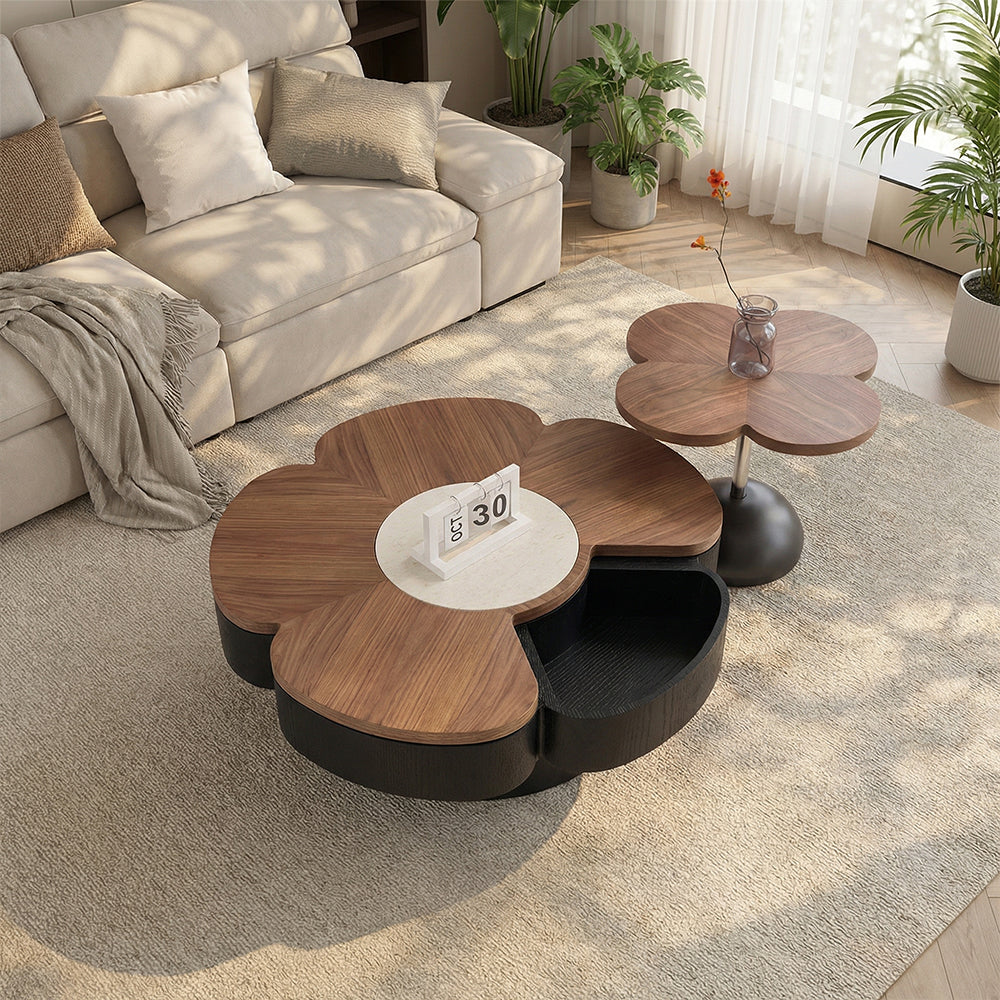 Modern Flower Shape Coffee Table Set with Storage Wooden Center Table and Matching Side Table