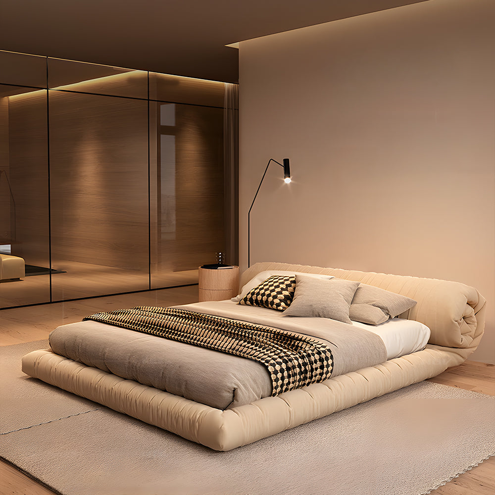 Queen Size Minimalist Japanese-Style Tatami Bed Ultra-Fiber Leather Steel-Wood Slatted Frame