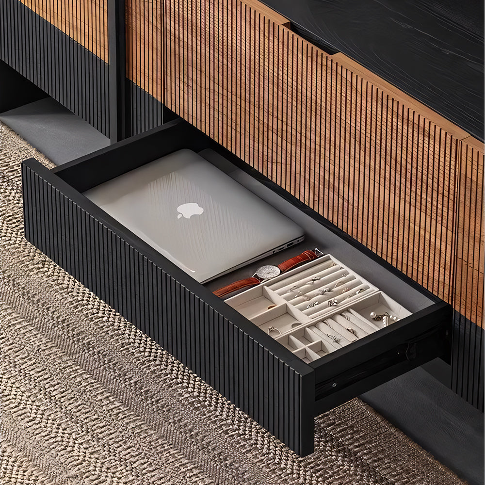 78" Sleek Rattan and Black Wood TV Stand Media Console Modern Minimalist Design with Textured Grille Front