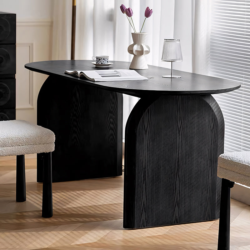 Oval Dining Table Arched Solid Wood Walnut Veneer Base Textured Wood Grain Surface Modern Elegant Design