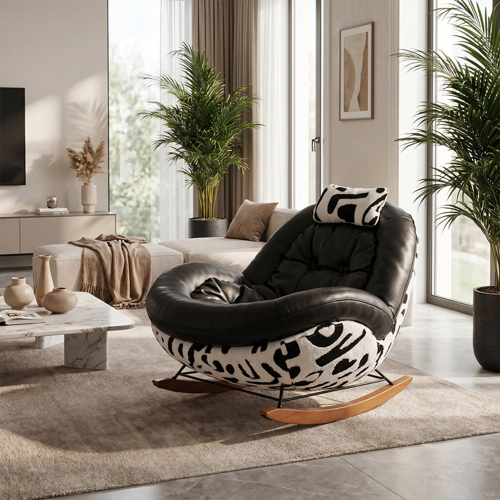 Bold Black Leather Rocking Lounge Chair with Patterned Fabric Shell