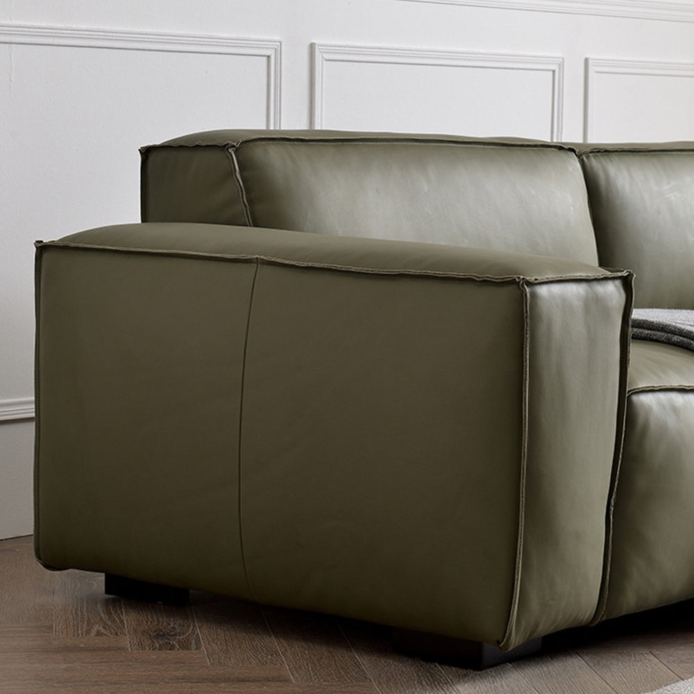 Modern Leather Sofa Boxy Low-Profile Design with Wide Arms