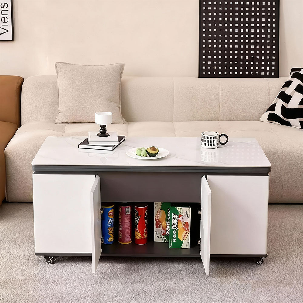 Sintered Stone Lift-Top Coffee Table with 2 Stools Modern 2-in-1 Dining and Work Table for Smart Living