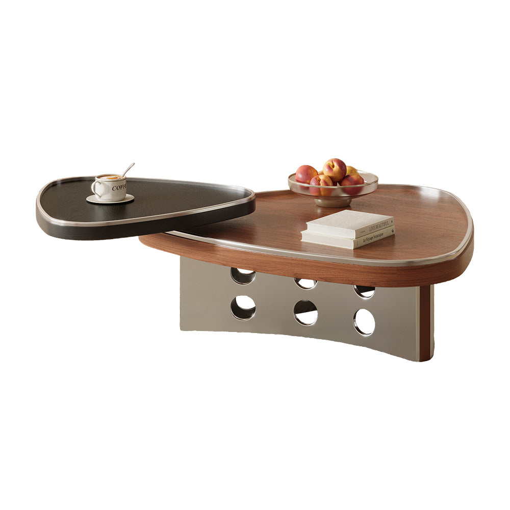 33″ Modern Coffee Table Walnut Wood with Brushed Steel Base Sculptural Design Dual-Tier Functionality