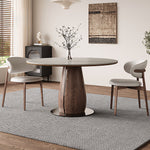 Load image into Gallery viewer, 53.1&quot; Modern Dining Table with Marble-Like Stone Top and Sculptural Wooden Base
