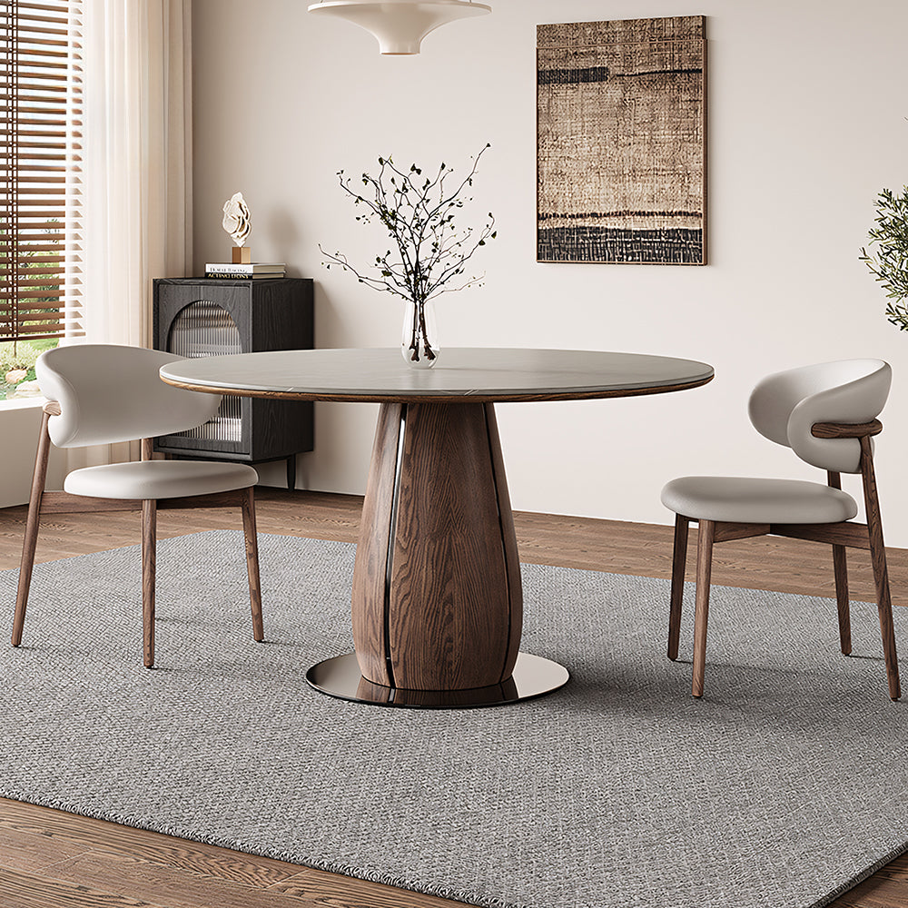 53.1" Modern Dining Table with Marble-Like Stone Top and Sculptural Wooden Base