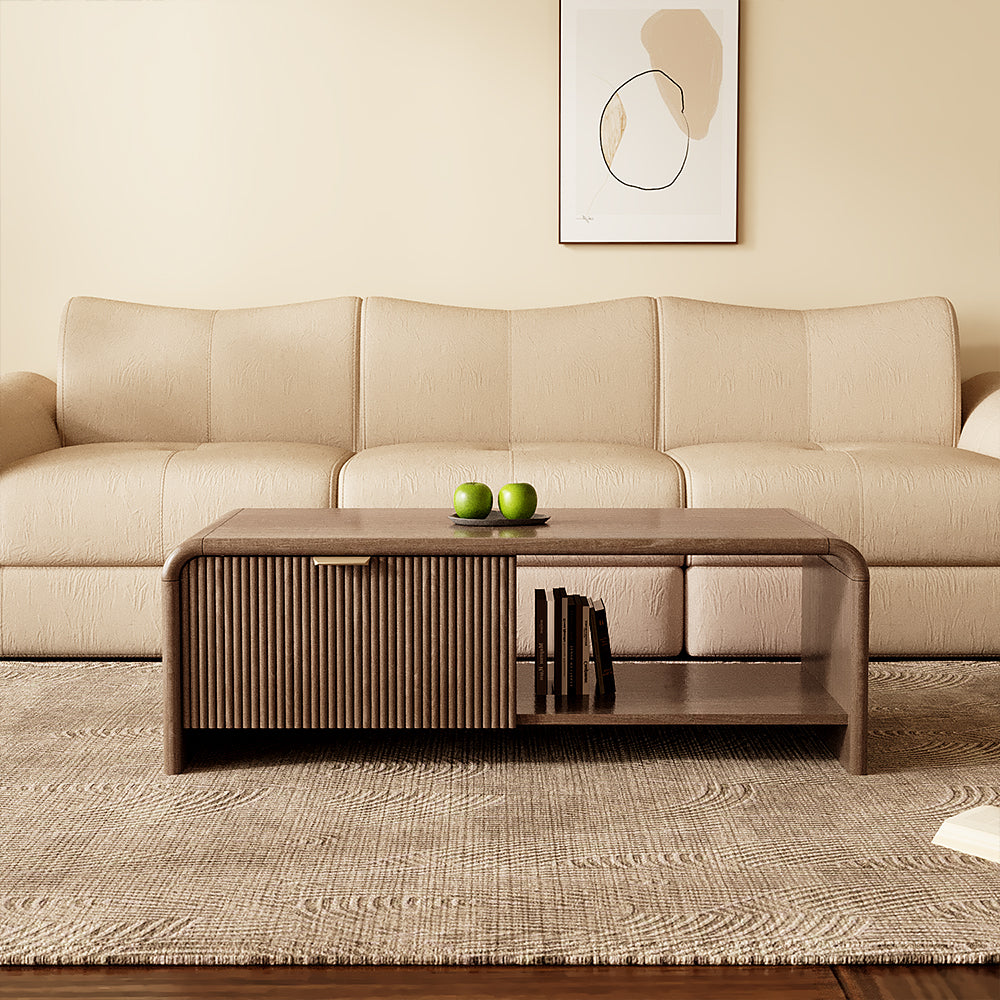 39'' Walnut Finish Coffee Table with Rounded Corners and Storage Mid Century Minimalist Style