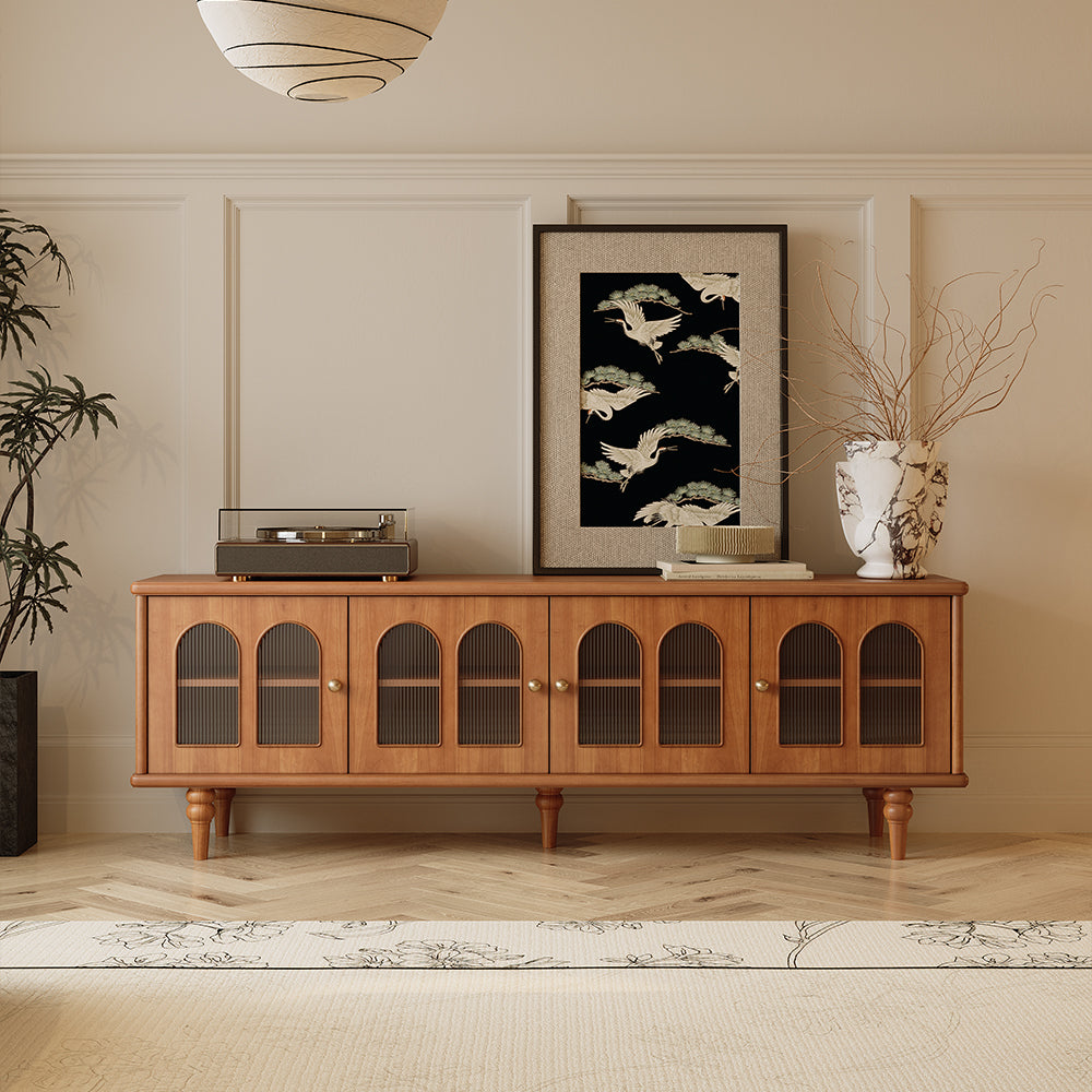 70''Solid Wood TV Cabinet Arched Glass Doors Warm Cherry Finish Hidden Storage