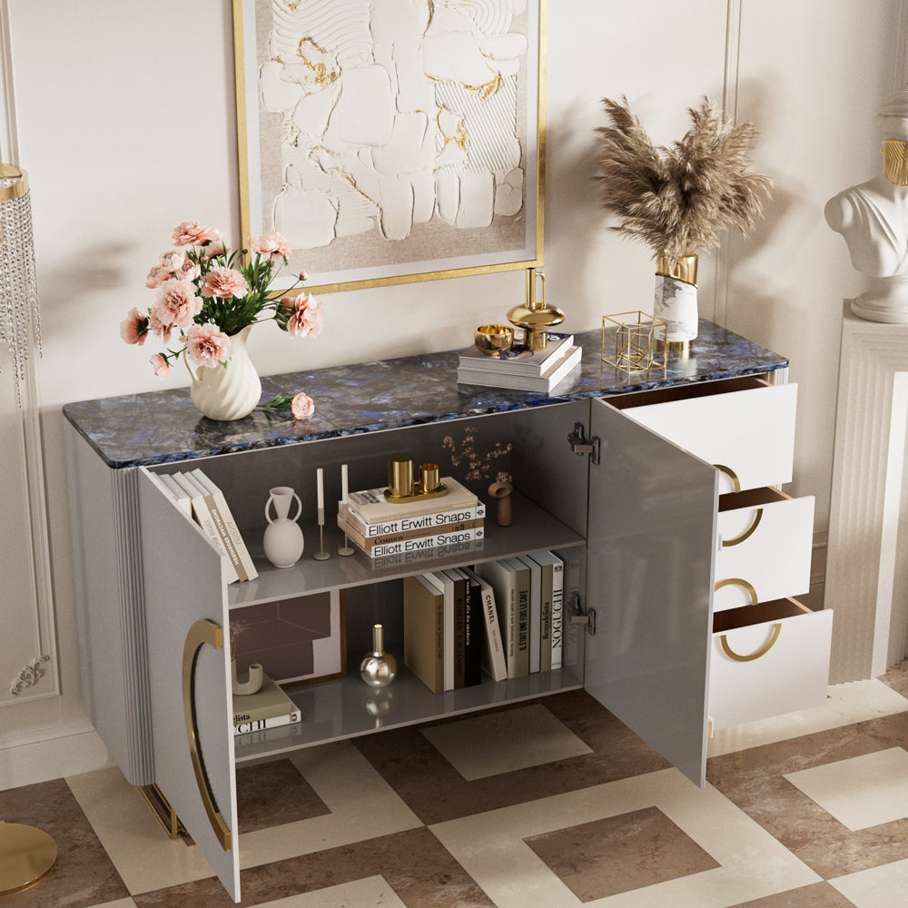 62.4" Sleek Modern White and Gold Buffet Cabinet with Circular Accents