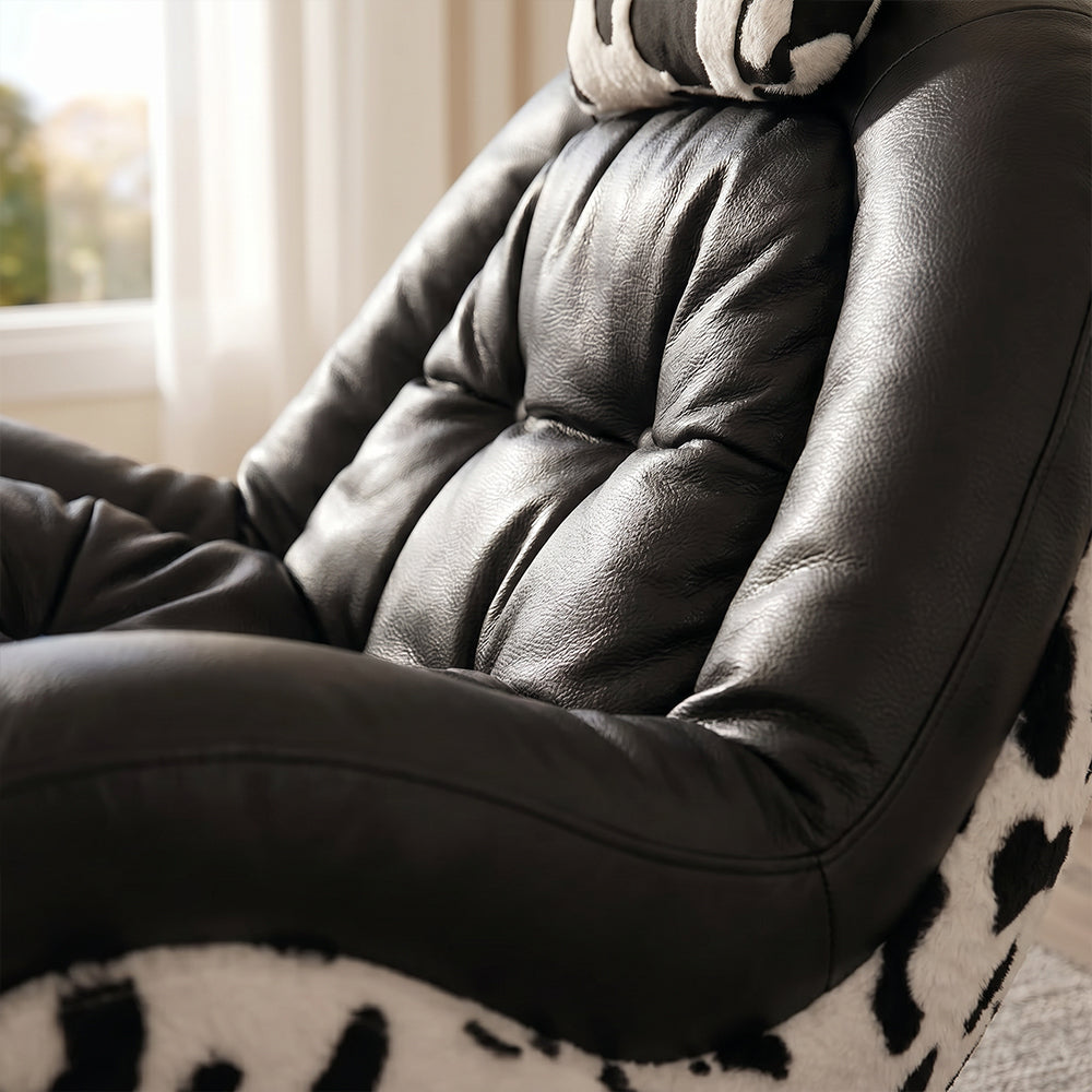 Bold Black Leather Rocking Lounge Chair with Patterned Fabric Shell